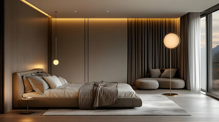 A modern bedroom featuring minimalistic design, soft lighting, and cozy furnishings.
