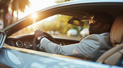 Naklejka premium A man in a suit is driving a silver car