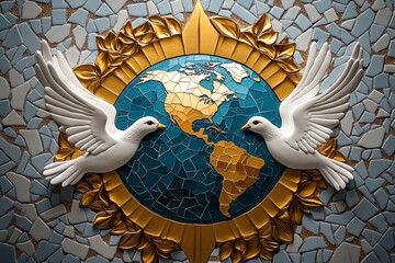 A mosaic of peace doves flying over a globe, promoting the idea of Soviet peace efforts on the global stage