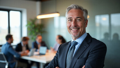 Naklejka premium Middle-aged executive in a modern office, exuding confidence and leadership with a warm, inviting atmosphere.