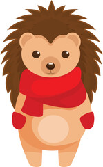Cute cartoon hedgehog is wearing a red winter scarf and mittens