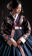 Beautiful young woman posing gracefully in traditional Korean hanbok decorated with delicate embroidery