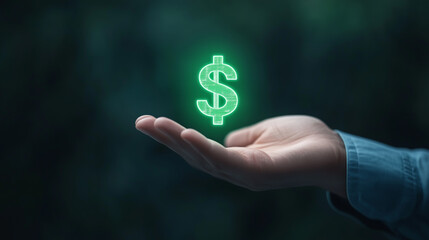 A glowing green dollar sign hovers above an open hand, symbolizing wealth and financial opportunities. This image captures essence of prosperity and investment potential.