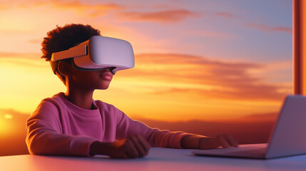 A boy wearing virtual reality headset engages with laptop, immersed in digital world. sunset creates vibrant backdrop, enhancing futuristic experience.