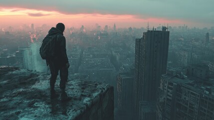 Fototapeta premium Zombie standing at the edge of a cliff overlooking a ruined city at twilight, creating a haunting and apocalyptic scene.
