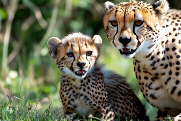 Obraz premium A pair of cheetah cubs playing in the grass, learning how to hunt by pouncing on each other under the watchful eye of their mother