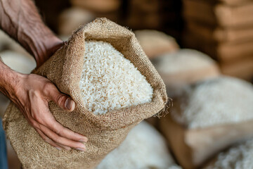 Hand holding a sack filled with rice for your background bussines.