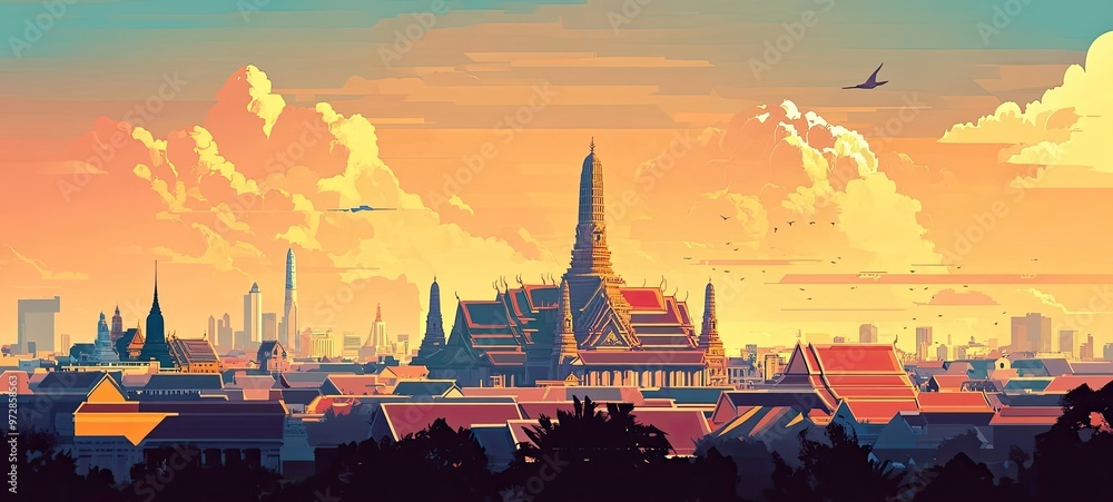 Wall mural a stunning sunset over the ancient temples of a city, with silhouettes of modern skyscrapers in the 