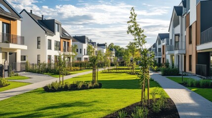 Obraz premium New residential estate with rows of modern houses, vibrant green lawns, and young