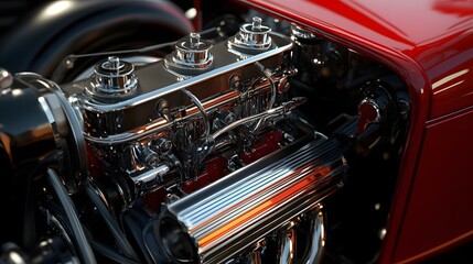 Fototapeta premium 2. **Detailed 3D model of a vintage car engine showcasing its classic components and chrome accents