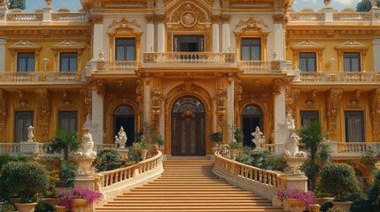 Naklejka premium Ornate mansion with grand staircase and sculpted statues