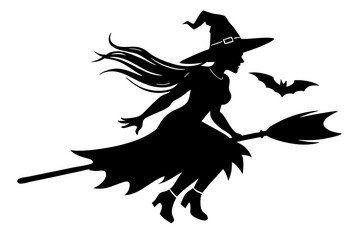 Witch flying on a broomstick silhouette, Halloween witch with broom vector illustration