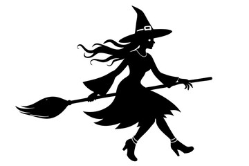 Witch flying on a broomstick silhouette, Halloween witch with broom vector illustration
