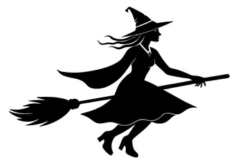 Witch flying on a broomstick silhouette, Halloween witch with broom vector illustration