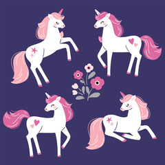 Set of hand drawn cute vector unicorns with flowers on dark blue background. Perfect for tee-shirt logo, greeting card, sticker, clip art or nursery decor. © MirabellePrint