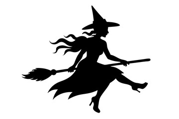 Witch flying on a broomstick silhouette, Halloween witch with broom vector illustration