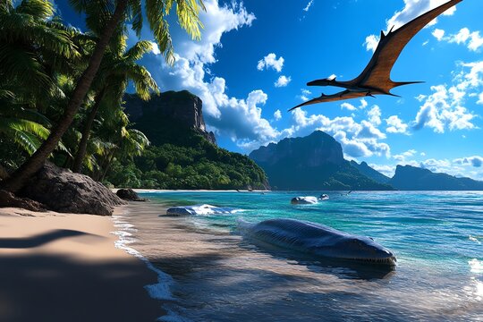 A prehistoric beach scene, where Plesiosaurs swim near the shore and pterosaurs swoop down to catch fish