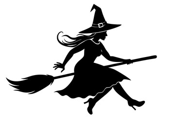Witch flying on a broomstick silhouette, Halloween witch with broom vector illustration
