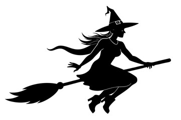 Obraz premium Witch flying on a broomstick silhouette, Halloween witch with broom vector illustration