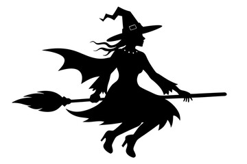 Witch flying on a broomstick silhouette, Halloween witch with broom vector illustration