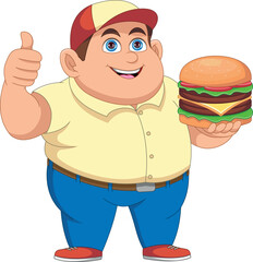 fat boy with a burger and giving a thumbs up