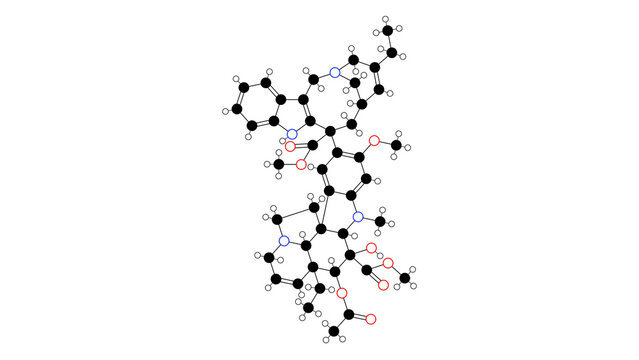 vinorelbine molecule, structural chemical formula, ball-and-stick model, isolated image antineoplastic agents