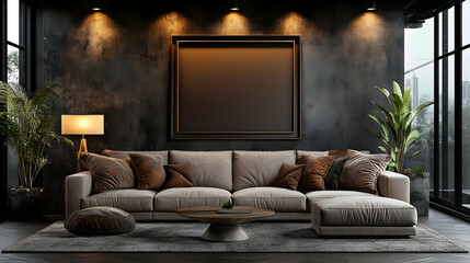 A modern living room featuring a cozy sofa, decorative plants, and ambient lighting.