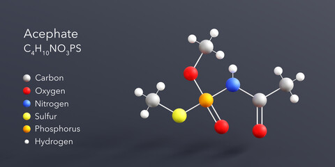 acephate molecule 3d rendering, flat molecular structure with chemical formula and atoms color coding