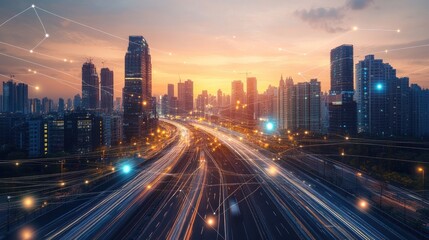 A panoramic view of a city skyline at sunset with a network of lines and dots connecting the buildings, representing the interconnectedness of the modern world.