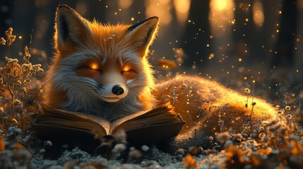 A red fox with glowing eyes reads an ancient book in a forest