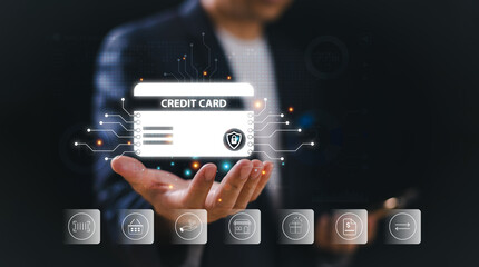 Credit card shopping technology concept. Online shopping, Home delivery, E-payment and E-commerce business. Hand hold digital credit card icon, mobile banking network. Cybersecurity internet protect