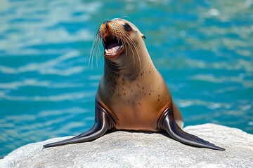 Fototapeta premium A sea lion basking on a sunny rock, barking loudly as it enjoys the warmth after a swim in the cold ocean