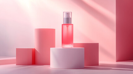 Transparent pink bottle on circular platform with a modern backdrop, highlighting product aesthetics.