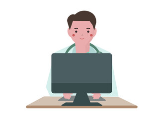 パソコンをするあ白衣を着た医者の男性。ベクターイラスト