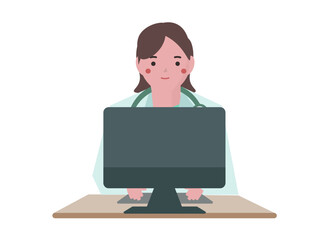 パソコンをするあ白衣を着た医者の女性。ベクターイラスト