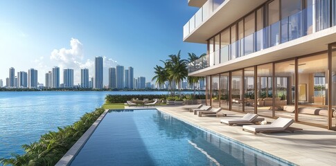 Fototapeta premium Stock, View of swimming pool in front of modern luxury house.
