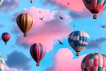 Fototapeta premium A seamless pattern of colorful hot air balloons floating through a pastel sky, with fluffy clouds and birds scattered in the background