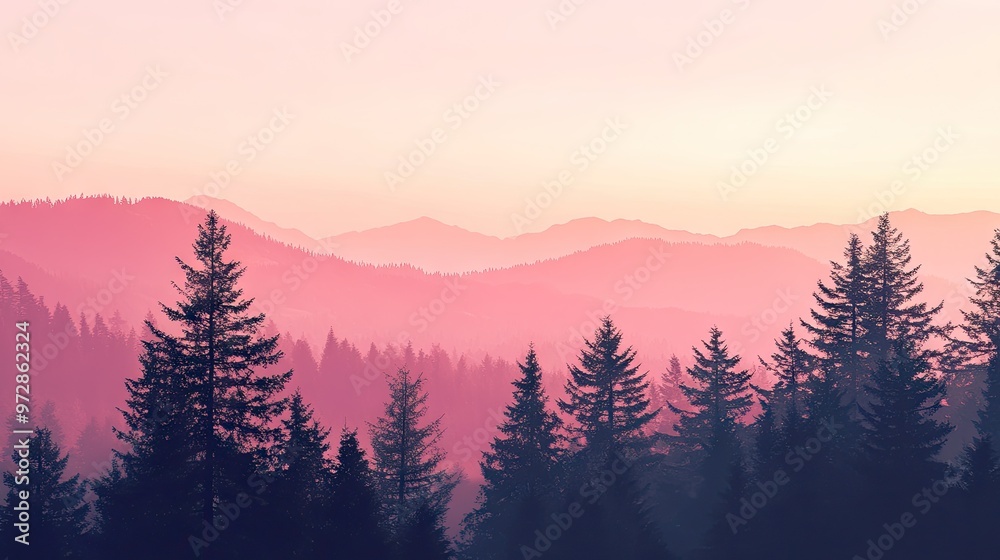 Canvas Prints A pink sky at dawn, with silhouettes of trees and mountains in the background, creating a peaceful scene