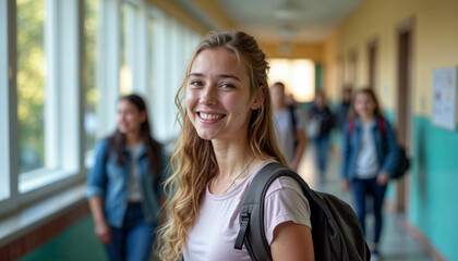 Sweet high school girl with a backpack, smiling and relaxed in a vibrant school corridor.






