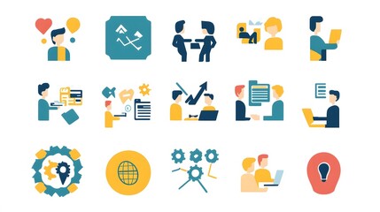 A collection of flat-style illustrations depicting business and team collaboration concepts