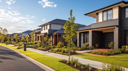 Newly completed suburban homes with contemporary architecture, surrounded by