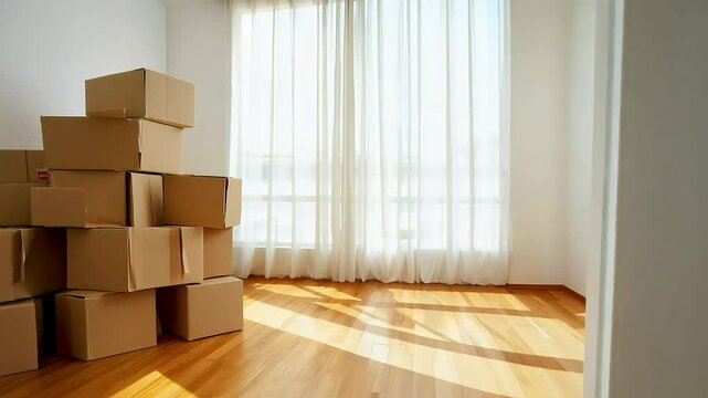 Moving boxes stacked in an empty sunlit room with wooden floors