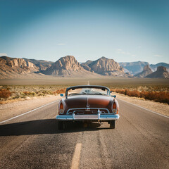 Classic 1950s-60s Car Driving on a Long Desert Highway with Mountain Backdrop and Clear Blue Sky