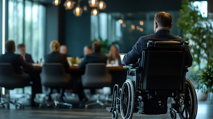 An employee in an electric wheelchair attending a meeting in a corporate conference room with colleagues 