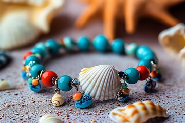 A seashell bracelet made for beach lovers, with colorful beads and small ocean charms, worn during a seaside vacation
