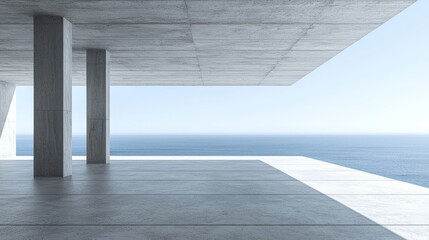 Concrete floor with gray wall. 3D rendering of seaside plaza with clear blue sky.
