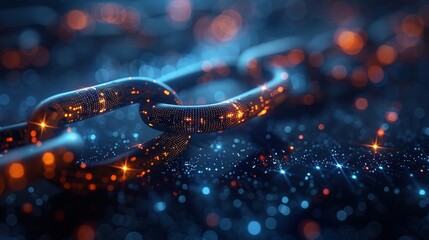 Blockchain Technology: Illustrate a digital concept showing the secure and decentralized nature of blockchain technology, with interconnected nodes and encrypted data,.