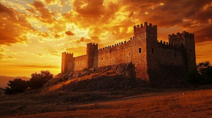 Fototapeta premium A crimson sunset casting long shadows over an ancient castle, the stone walls glowing with history