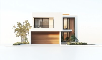 Buying new home for big family, modern house on white floor with empty concrete wall background, 3D illustration of residential building exterior