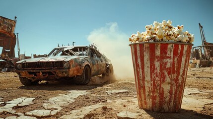 Popcorn bucket in a desert wasteland with a damaged car in the background, post-apocalyptic action movie